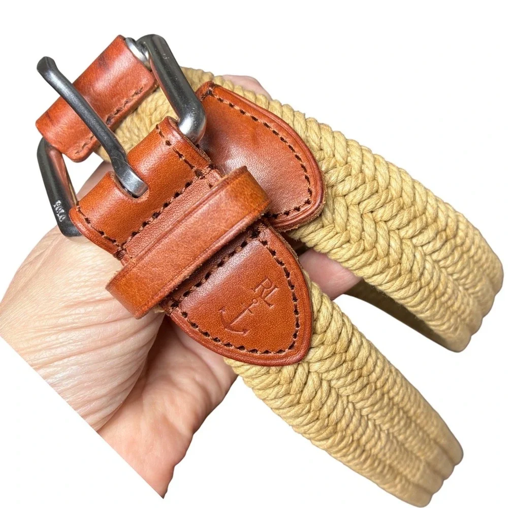 Polo Ralph Lauren Braided Rope Leather Trim Belt Tan Brown Size 36
